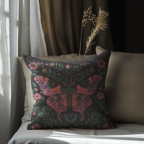 A beautifully detailed pillowcase cover featuring a vibrant moth in shades of pink, purple, and green. The moth is framed by intricate floral designs, including lush green leaves and pink flowers, all set against a dark, moody background. The design evokes a cottagecore aesthetic with gothic undertones, blending nature with a magical, whimsical vibe.